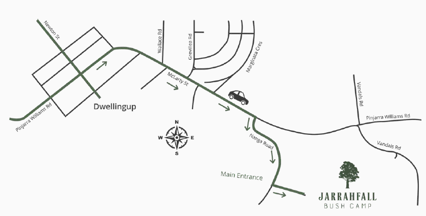 Map to Jarrahfall Bush Camp from Dwellingup